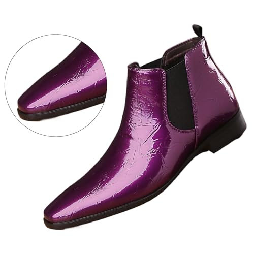Image of Men's Patent Leather Low Chunky Heel Chelsea Boots Fashion High Gloss Slip-on Business Dress Oxford Boots for Wedding Prom Party Business Work