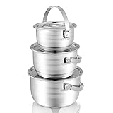 KINDEN Mixing Bowl Stainless Steel -12mm Composite Bottom Nesting Bowls with Handle and Lids for Pressure Cooker, Food Preparation, Fruit, Salad, Camping, Storage, Durable 3 Piece Set,2QT,3QT &4QT