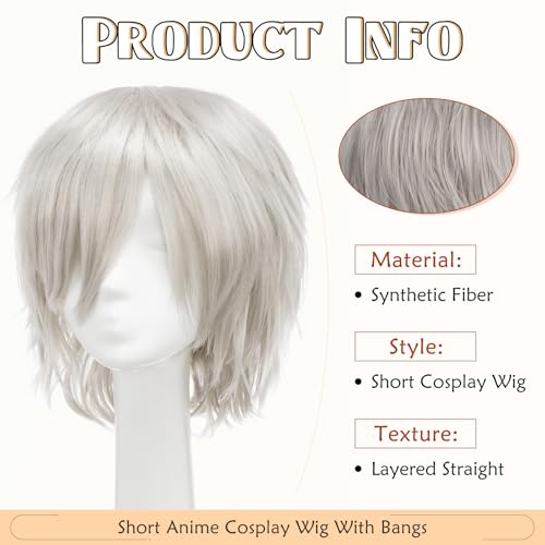 Image of S-noilite Unisex Short Cosplay Hair Wig Women Men's Short Straight Layered Pixie Wig with Bangs for Halloween Costume Anime Party Synthetic Wigs Gray Grey