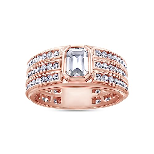 Wishrocks 2 3/4 CT Center 7X5MM Emerald & Round Cut Moissanite Men's Three Row Eternity Anniversary Wedding Band Ring In 10K Solid Rose Gold (VVS1/2.75 Cttw)-9.5