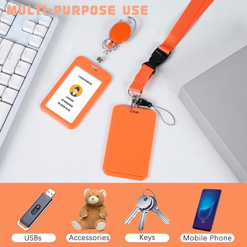Image of Orange ID Key Card Holder Lanyard,Badge Holders Keychain with Retractable Oval reels,Vertical Credit Card Holder Name Protector,for Nurse Teacher Student Women Girl