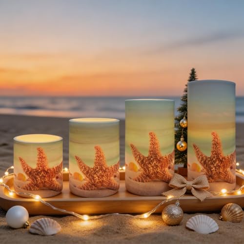 Image of 4PCS Summer Starfish Flameless Candles with Timer Remote Control | Blue OceanColored Light 4H 8H Timer Remote for Wedding Beach Party Coastal Room Decor