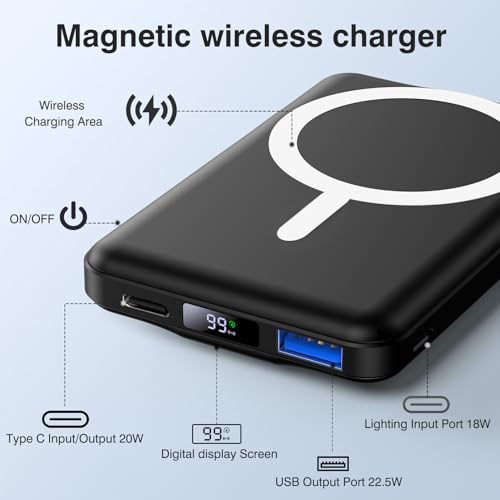 AOGUERBE for MagSafe Portable Charger, 10000mAh Magnetic Charger for iphone | Power Bank with Stand, 22.5W Fast Charging, LED Display, Wireless Battery Pack for iPhone 18/17/16/15/14/13/12, Black, Travel - image 2