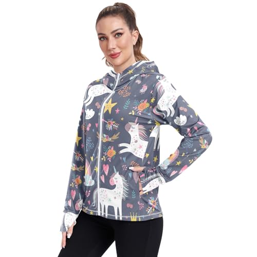 KLL Moletom feminino com capuz e proteção FPS 50+ para mulheres, unicórnios, desenho animado fofo me
