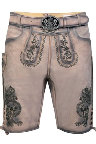 Edelnice Trachtenmode Bayerische Traditionelle Kurze Lederhose Felix aus Ziegenleder mit aufgerauter Stickerei inkl. Gürtel Gr. 56