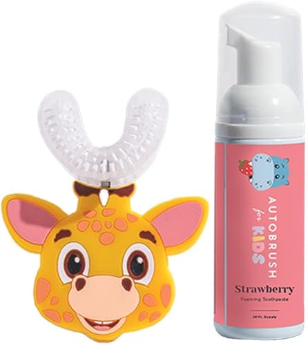 AutoBrush Cepillo de dientes manual en forma de U para niños con pasta de dientes espumosa sin flúor de fresa, de 3 a 5 años, jirafa