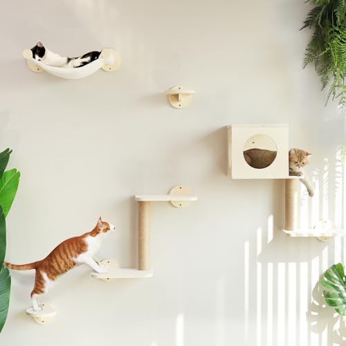 FUKUMARU Kletterwand für Katzen, 5-teiliges Wandregal-Set aus Birken-Multi-Schichtplatte, stabiles Katzenwandmöbel mit Hängematte, Katzenhaus,...