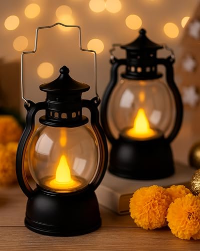 Image of Homesake 2 pcs Flameless and Smokeless Acrylic Antique LED Lantern Hurricane Lamp and Wall Hanging Candle Light, Diwali Candles for Ramadan Decorations for Home, Ramadan Lanterns for Home (Black)