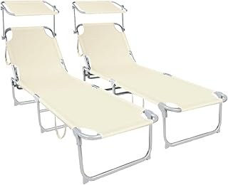 VOUNOT Folding Sun Loungers Set of 2, Sunbed with Adjustable Backrest & Sunshade for Garden, Beach, Patio, Pool, Camp, Load 110 kg, Beige