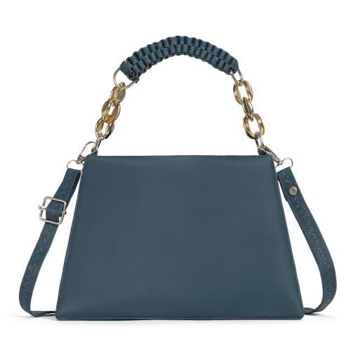 Image of Women's Teal Blue Structured Handbag with Chain Handle | Braided Top Handle, Gold-Tone Chain, Adjustable Crossbody Strap, Woven Strap Detail, Structured Design