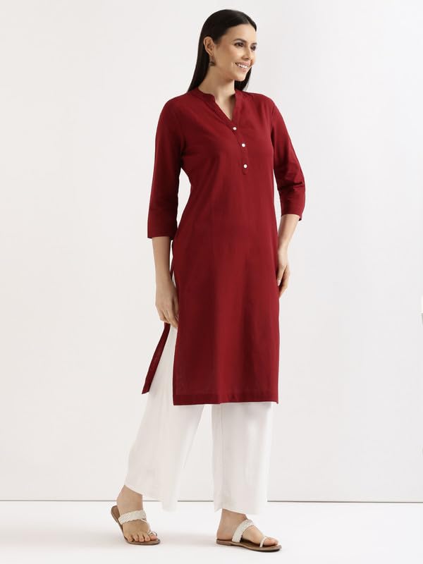 Image of SAADAA Women's Linen Straight Fit Straight Long Kurta Airy Plain Kurta, 3 /4 Sleeve, Knee Length Kurtis with Pockets, Casual and Office Wear