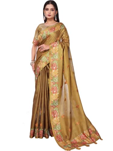 Image of SWORNOF Gold-Toned Woven Design Silk Zari Tissue Saree | Saree for Women | Soft and Skin Friendly