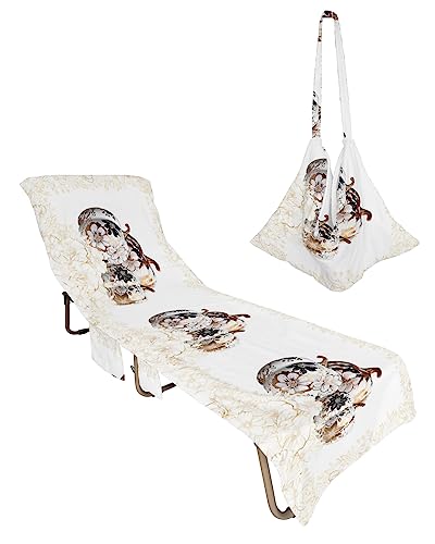 White Thanksgiving Pumpkins Beach Chair Towel Covers for Chaise Lounge with Side Pocket, Soft Plush Pool Towels Cover for Patio Sunbathing Outdoor 29''x85'' Classic Gold Floral Leaves