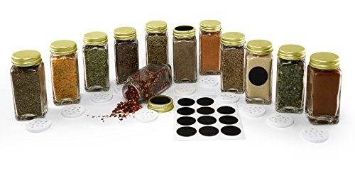 Nellam French Square Glass Spice Jars – Set of 12 with Shaker Lids and Chalkboard Sticker Labels, Small 4oz Bottles - Stackable Herbs and Spices Containers - Decorative Organizers in Gold