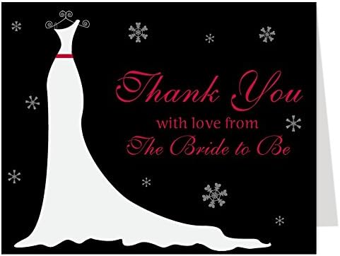 Winter Bridal Shower Thank You Cards, Dress, Winter Gown, Wedding Shower, Snowflakes, Snow, Black, Red, White, from the Bride to Be, Future Mrs., Soon to Be, 50 Thank You Notes with Envelopes