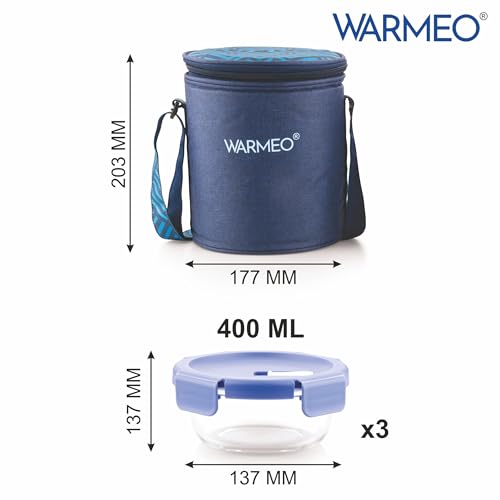 Image of WARMEO BOROFRESH 3 pc Round Borosilicate Glass Container (400 ml Each) | Leakproof, Microwave & Dishwasher Safe Lunch Box with Bag for Office, College & School