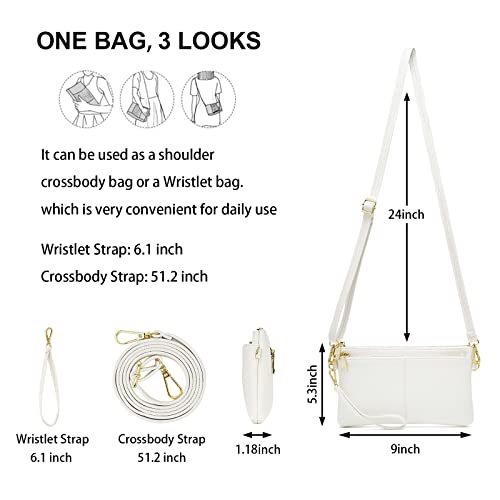 Zooeass Triple Zip Small Crossbody Bag Lightweight Purses Vegan Leather Wristlet Clutch, Includes Adjustable Shoulder (White) #TOP3