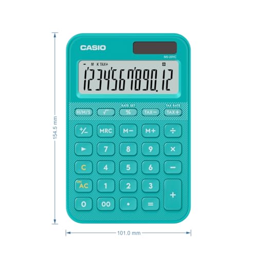 Image of Casio MS-20YC Stylish and Colourful 12-Digit Mini Desktop Tax Calculator, Turquoise