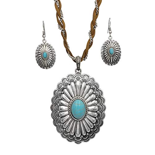 Gypsy Jewels Long Braided Faux Suede & Silver Tone Chain Unique Large Charm Pendant Imitation Turquoise Necklace & Dangle Earrings Set (Concho)