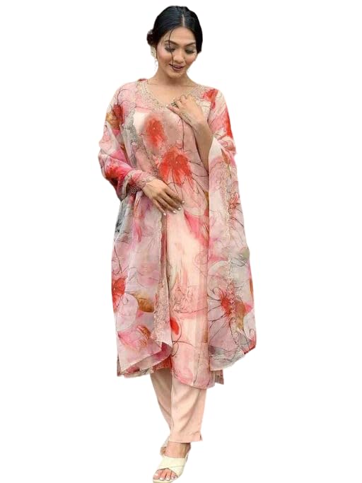 Smowkly Cotton Silk Blend || Dupatta Set || Kurta Pant Set || Printed Dupatta Set || Ethnic Set For Women (Pink, L)