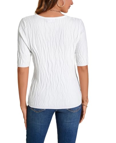 Image of MINTLIMIT Womens Short Sleeve Sweater Summer Pullover Shirt Tops Texture V Neck Casual Knit Tees Tops