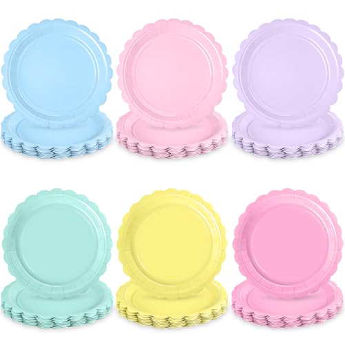 WNINK 48 Pcs Pastel Scalloped Plates 7 Inch Disposable Pastel Paper Plates Rainbow Party Decorations for Birthday Wedding Baby Shower Colorful Dessert Tableware