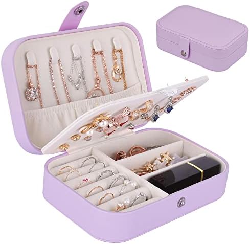 jiemei Jewelry Box, Travel Jewelry Organizer Cases with Doubel Layer for Women’s Necklace Earrings Rings and Travel Accessories (Purple)