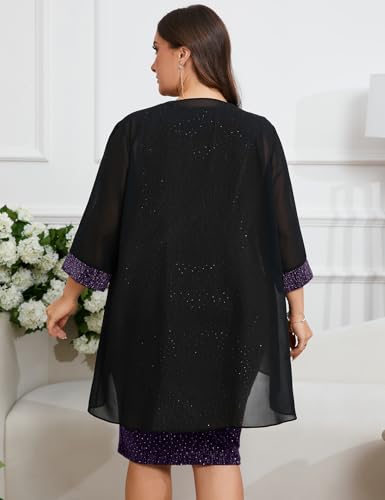 Image of ZOMVA Plus Size Sparkly Formal Dress Suit 2 Piece Mother of The Bride Groom Chiffon Jacket Outfit Cocktail Evening