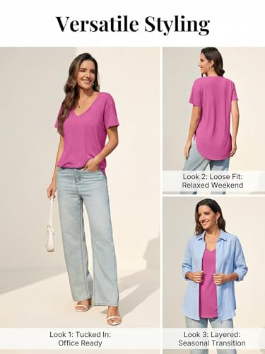 Image of Womens Deep V Neck T Shirts Oversized Side Split Summer Sexy Tunic Tops | Loose Fit, Low Cut, Soft Comfortable, Flowy, Casual Dressy, Stretchy, Beach Vacation, Solid Color, Curved Hem