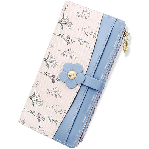 Image of Farcauo Long Floral Womens Wallet Cute Wallets for Women Blue Women's Wallet Kawaii Flower Card Wallets for Women Ladies