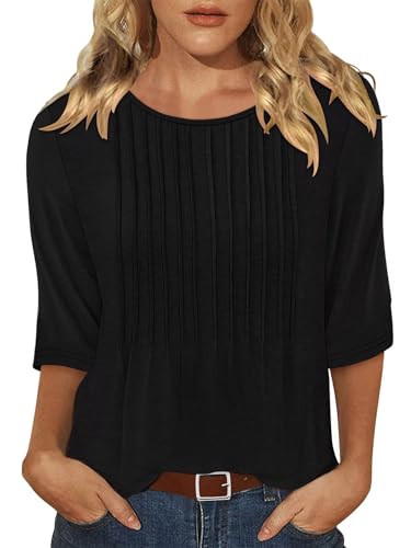 KISSMODA Tunic Tops for Women Loose Fit Dressy Round Neck Pleated 3/4 Length Sleeve Spring Tops