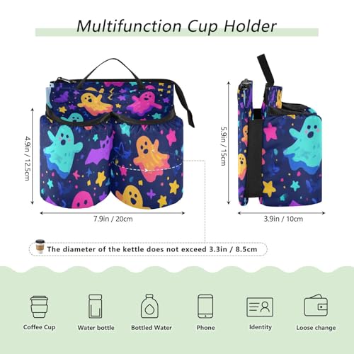 Image of Luggage Cup Holder for Suitcases Free Hands Suitcase Cup Holder Travel Luggage Drink Holder Portable Luggage Cup Caddy Bag Carrier with Handle Neon Halloween Ghosts Stars Bats