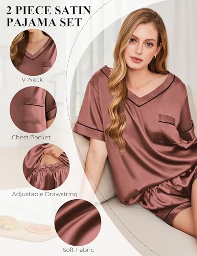 Image of Silk Pajamas for Women Short Sleeve Satin 2 Piece Pj Set Soft V Neck Sleepwear Loungewear, S-XXL