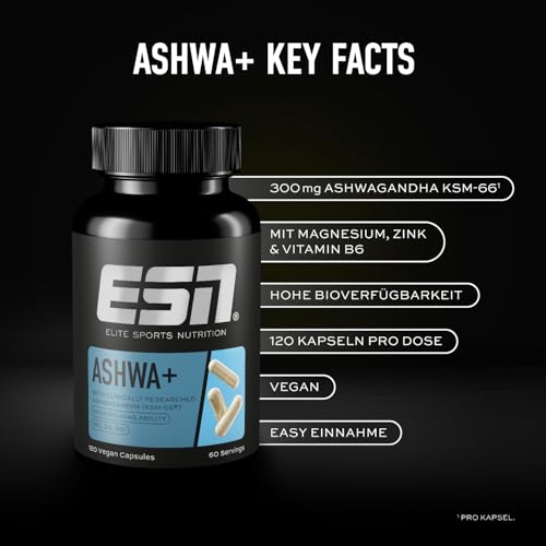 ESN Ashwa +, Ashwagandha hochdosiert, patentiertes KSM 66®, 120 Kapseln, mit Magnesium, Vitamin B6 & Zink - made in Germany