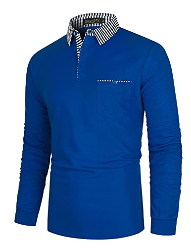 GNRSPTY Polos Hombre Manga Larga Algodon con Bolsillo Real Casual Camisas Golf Deporte Tennis Elegante Cuello a Cuadros T-Shirts Camisetas Invierno,Azul,M Cover