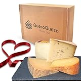 QUESOQUESO® Caja de Quesos Regalo Gourmet | Surtido 4 Cuñas Queso Semicurado y Curado de Oveja, Cabra y Vaca | Queso Manchego, Payoyo, Mahon y Castellano con Trufa | Regalo Pareja 'Díselo con Quesos'