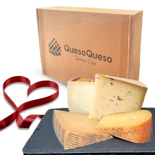 QUESOQUESO® Caja de Quesos Gourmet Regalo | Surtido 4 Cuñas Queso Semicurado y Curado de Oveja, Cabra y Vaca | Queso Manchego, Payoyo, Mahon y Castellano con Trufa | Regalo Pareja "Díselo con Quesos"
