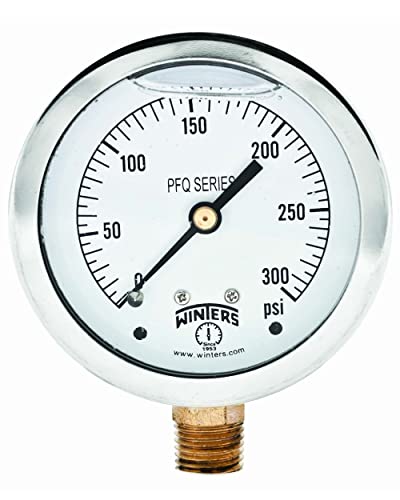 Image of Winters 2-1 /2 inch Dial Size, Liquid Filled Industrial Pressure Gauge, Brass Internals, 304 Stainless Steel Case, Single Scale 0-300 psi, 1.5% Acc, 1 /4 inch NPT Bottom Mount, Glycerin Filled Pressure Gauge
