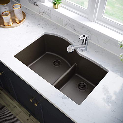 Black Friday - 60% OFF MR Direct 811-M-CSTFL Mocha Undermount Granite Composite 33 in. Double Bowl Kitchen Sink Matching Strainer and Flange, 1 1
