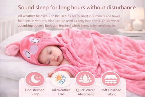 Image of First Kick Fleece New Born Baby Blanket Pack of Super Soft Bathrobe Baby Wrapper Cum Baby Bath Towel For Baby Boys, Baby Girls, Babies (80Cm X 80Cm, 0-6 Months Lightweight (Pink)