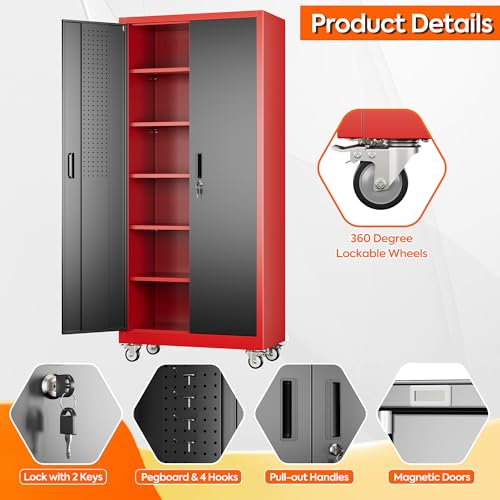Image of Aobabo Metal Garage Storage Cabinet with Wheels, 34 inch W x 18 inch D x 71 inch H,Red