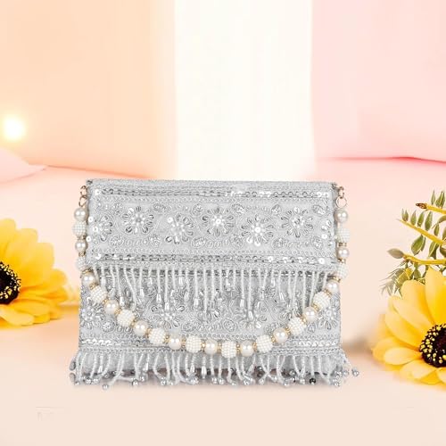 Image of Nevis PU Silk Fabric Women's Embellished bride Clutch with Pearl Handle | Fancy Designe & Wedding Potli Bag for Festive & Evening