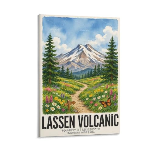 Poster de voyage Lassen avec paysage de volcan en aquarelle vintage