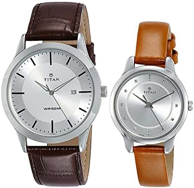 Titan Unisex Gold Dial Leather Strap Watch - Analog Quartz (Pair Set)