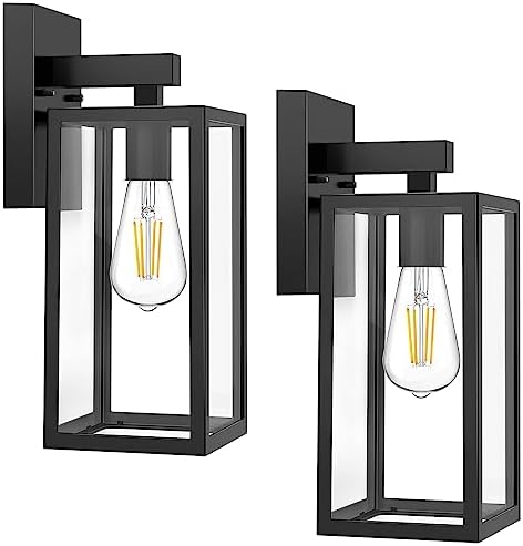 MAXvolador Outdoor Wall Sconce, Exterior Waterproof Wall Lantern Light Fixtures, Black Porch Lights with Toughened Glass Shade, Anti-Rust E26 Socket Front Door Mount Lighting, 2 Pack