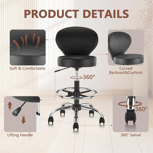 Image of KLASIKA Leather Drafting Stool Chair Padded Seat 360 Swivel Rolling Stools Adjustable Height with Ergonomic Backrest and Footrest, Tall Office Chair for Standing Desk, Studio, Labs, Reception, Black