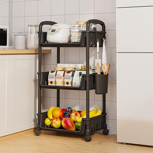 Image of Lukzer 3-Tier Multipurpose Plastic Storage Rack with Wheels & Side Hooks | Rolling Utility Organizer Shelf for Kitchen, Bathroom, Office & Home Use - 38.5 x 26 x 63 cm (Black) CH-094