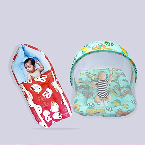 Image of MOM & SON Baby Gift Set Mattress with Net & Baby Sleeping Bag (0-3 Months) (Red Kitty & Green)