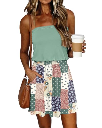 Image of SAUKOLE Summer Dresses for Women Bandeau Strapless Smocked Elastic Waist Sundress Tube Mini Dress with Pockets