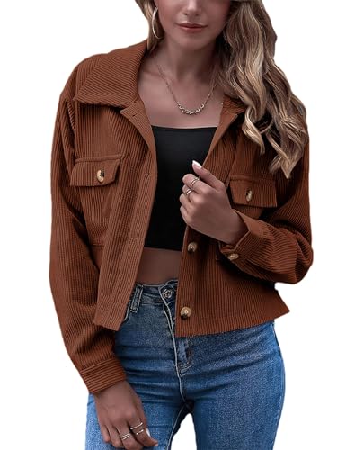 Flygo Women Fashion Cropped Jacket Corduroy Shacket Button Down Shirt Crop Jackets Lightweight 2024 Trendy Fall Shackets(Brown-S)